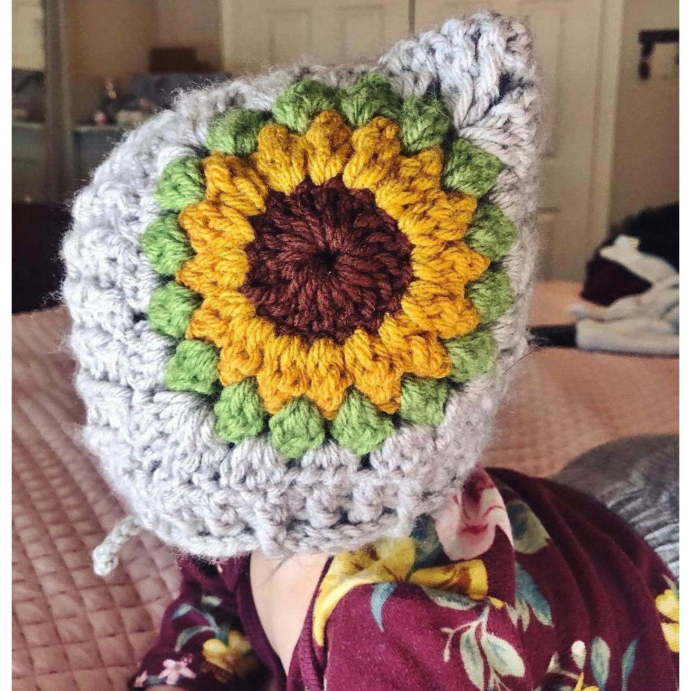 Handmade Crochet Sunflower Pixie Bonnet Gray‎ Yellow Floral Baby girl Hat(0-6m)